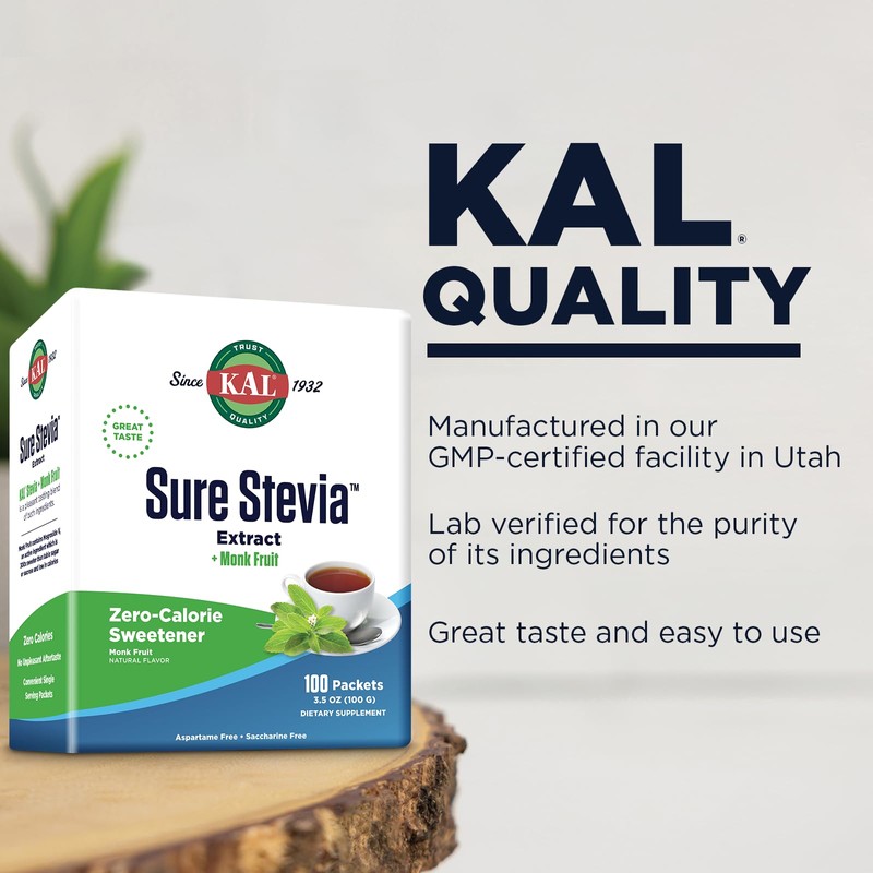 KAL Sure Stevia Plus Monk Fruit Sweetener - Great Tasting,