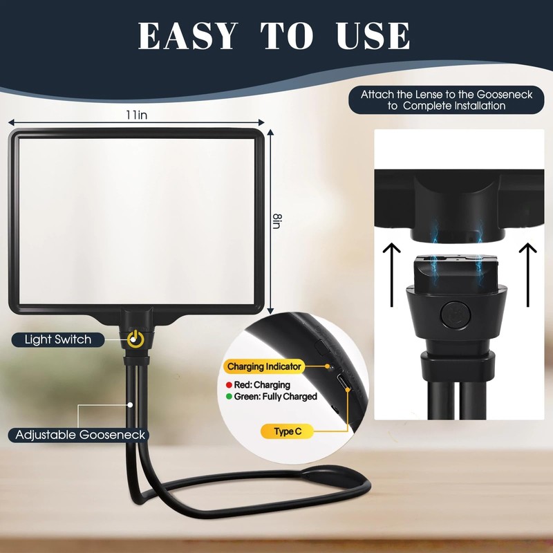 Large Magnifying Glass with Light Hands Free, Rechargeable Page Magnifier