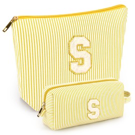 2 PCS Initial Makeup Bags for Women: Cosmetic Bag for Travel Toiletry - Birthday Gifts for 11 12 13 14 15 16 17 18 Years Old Girl Graduation Teacher Gift- Teen Girl Gifts Trendy Stuff - Yellow S