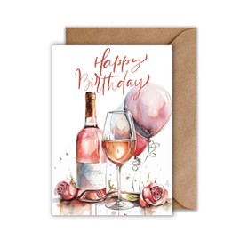 WBdesignz Birthday Card with Wine & Roses - DIN A6 - "Happy Birthday" - Elegant Watercolour Card with Rose, Balloons & Flowers - for Women, Girlfriends & Wine Lovers