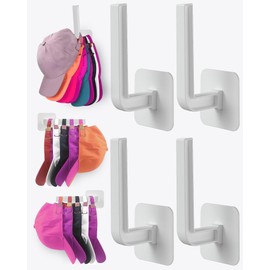 Sunfanie Hat Rack for Hat Storage (4-Pack), Multi-Purpose Hat Organizer, Strong Adhesive Hat Hooks for Wall Organizer for Baseball Caps, Two Mounting Options Hook, White