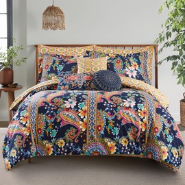 Levtex Home - Bertelli Navy Comforter Set - Floral - Navy, Pink, Ochre, Blue Teal, Green - Comforter (106 x 94in.) and Two Pillow Cases (36 x 20in.) - Cotton