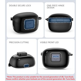 WADVCU[Upgrade Secure Lock] for JBL Tune Buds 2 Case Cover with Cleaner kit, Protective TPU Transparent Hard Shell ONLY Compatible with JBL Tune Buds 2nd Gen Earbuds Charging Case with Keychain(Black)