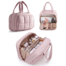 Marscamd Travel Toiletry Bag for Women with Hanging Hook, Water Resistant Puffy Makeup Organizer with Leak Proof Pockets for Toiletries and Cosmetics - Pink (Bag Only)