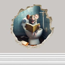 Happy Mouse On Toilet in Mouse Hole - 3D Wall Sticker Decal, Cartoon Home Decor Vinyl Art, Bookcase, Laptop, Classroom, Kids Room, Bedroom, Children, Adorable