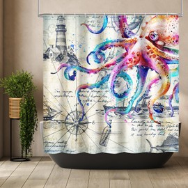 Colorful Nautical Octopus Shower Curtain Funny Ocean Kraken Shower Curtains for Bathroom Anchor Coastal Map Waterproof Fabric Shower Curtain Set Cool Octopus Bathroom Decor with Hooks, 72" x 72"