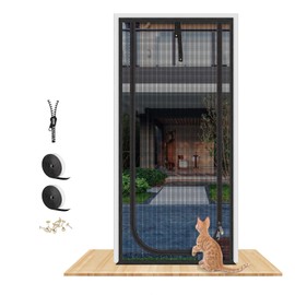 QWR Upgraded Pet Screen Door Fits Door Opening Size Up to 30"x80",Heavy Duty Cat Proof Mesh Screen Door with Zipper Closure,Prevent Cats Running Out from Home,Bedroom,Living Room,Kitchen(U-type,Black)