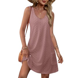 OFEEFAN Swimsuit Coverup for Women Spring Dresses 2025 Loose V Neck Sleeveless Dress Sundresses with Pockets Eyelet Pink M