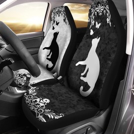 Bulopur Auto Seat Covers 2 Pcs, Black & White Cat Flowers Print Automotive Seat Cover, Vehicle Front Seats Interior for Auto Truck Van SUV