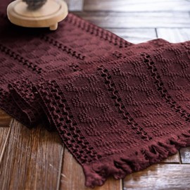 Weldomcor Burgundy Red Macrame Table Runner, Boho Cotton Flax Table Runner with Tassels, Rectangular Crochet Lace Mesh Tablecloth for Kitchen, Vintage, Farmhouse, Wedding, Tabletop Decor, 30 x 120 cm