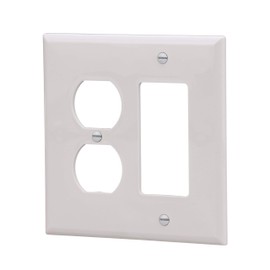 Eaton PJ826W 2-Gang Combination Duplex Receptacle Decorator GFCI Rocker Switch Cover Wall Plate, Unbreakable Polycarbonate, Mid-Size, White