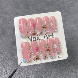 Handmade Press on Nails Long Square Fake Nails with 3D Cherry Rhinestones and Flower Designs False Nail Pink Sparkly Acrylic Nail French Tip Women 10pcs (Size M）