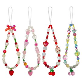 AGEN KGEN Phone Charms Cute Beaded Phone Lanyard Wrist Strap Aesthetic CellPhone Keychain Cute PhoneCharms for Women (4x Cherry Strawberry)
