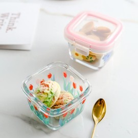 yaocoral 2 Pack 4 OZ Small Square Glass Containers with Lids, Floral Food Jars Airtight Glass Food Container for Sauce,Snack,Yogurt,Dressing,Dip,Dessert,Freezer Microwave Safe