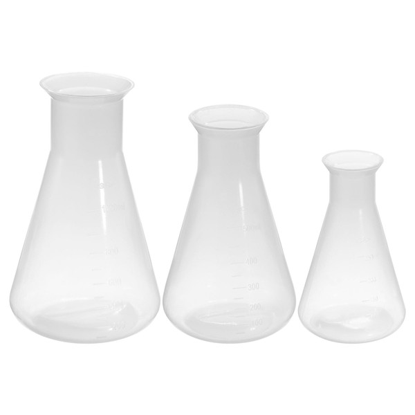 PATIKIL 250 500 1000ml Plastic Triangular Flask 3pcs Wide Mouth Triangle Flask for Lab, Clear