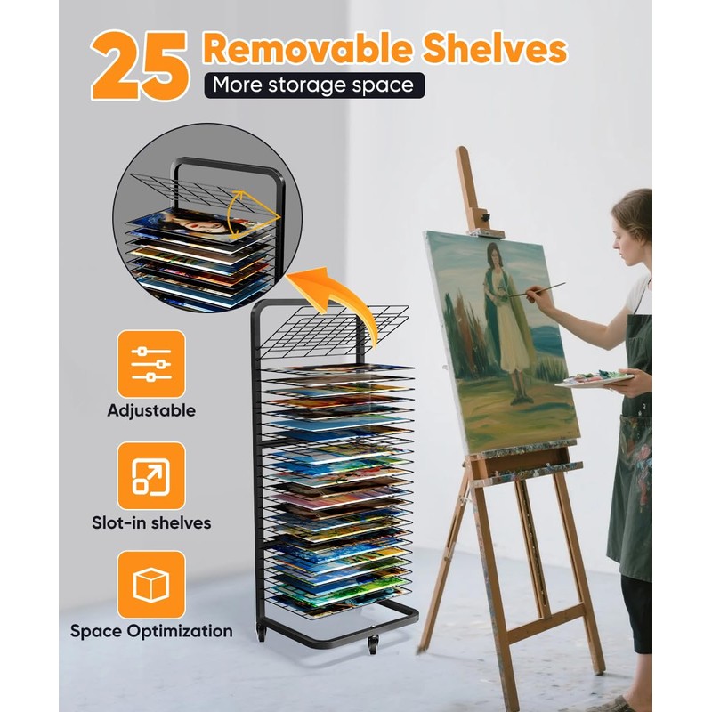 Whoonba Art Drying Rack with 25 Removable Shelves, Mobile Metal
