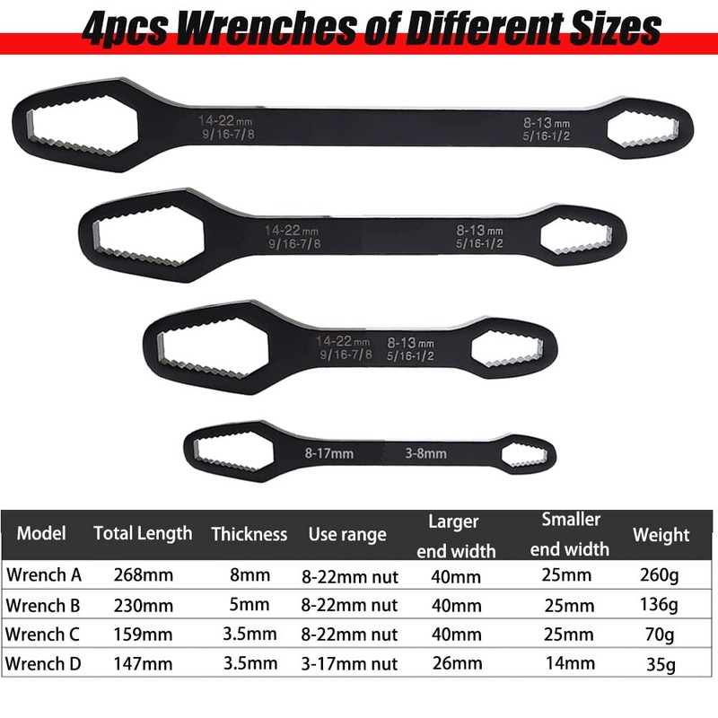 Saipe 4 Pieces Universal Multifunctional Wrenches set Adjustable Double-head Torx