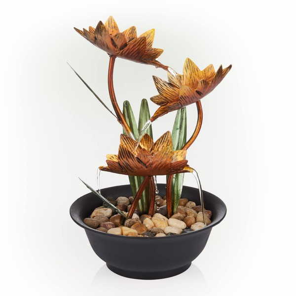 Alpine Corporation 13" H Indoor Multi-Tier Metal Lotus Flower Tabletop Fountain with Stone-Filled Base