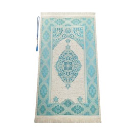 Muslim Prayer Rug with Prayer Beads | Janamaz | Sajadah | Soft Islamic Prayer Rug | Islamic Gifts | Prayer Carpet Mat, Chenille Fabric, Turquoise