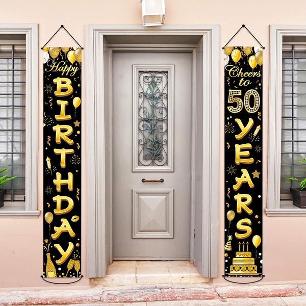 50th Birthday Party Banner Decorations Cheers to 50 Years Banner 50th Party Supplies Black Gold Welcome Porch Sign for Indoor Outdoor(50 Years Birthday)