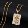 LuxGoth Stainless Steel Dollar Sign Necklace,Rhinestone Fake Gold Money Square