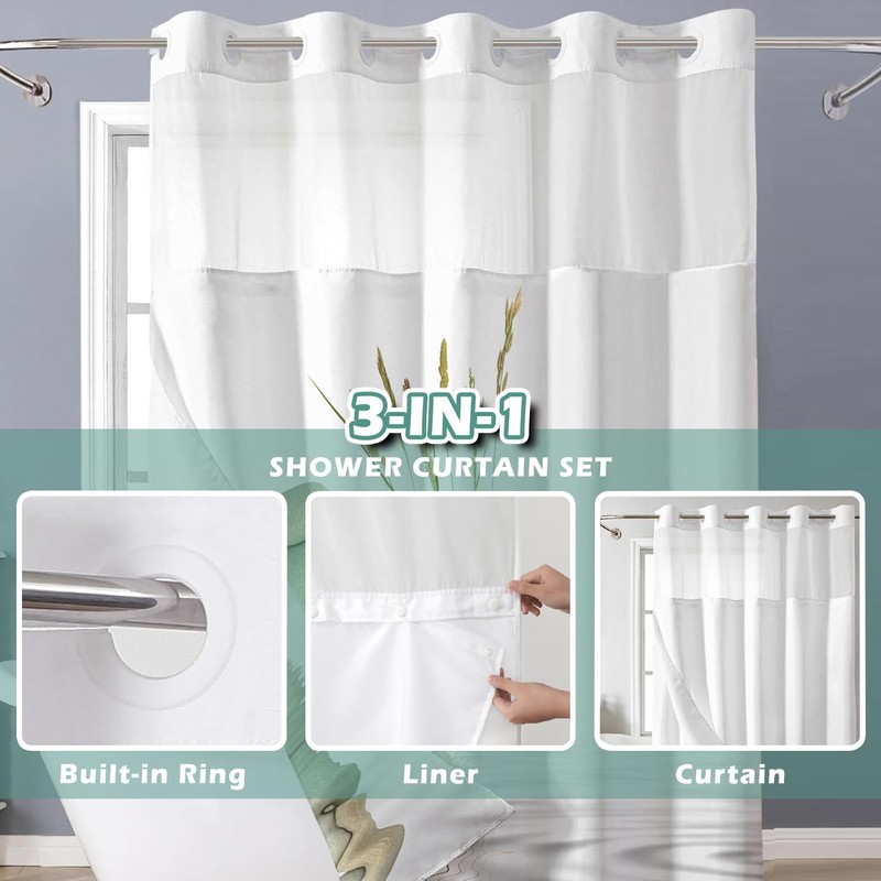 Shellspace No Hook 3 in 1 Shower Curtain with Snap