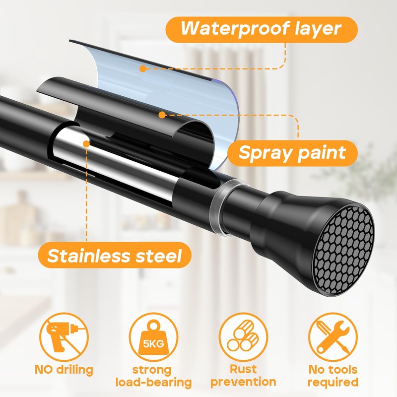 Fvonzn Adjustable Tension Rod 30-64 Inch - Black No-Drill Curtain