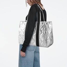 KUNGFUMA Tote Bag for Women Large Quilted Handbag Detachable Strap Crossbody Bag Down Cushion Shoulder Handbag (Silver)