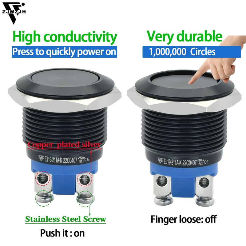 2Pcs 19mm Push Button Switch 3/4" Black Momentary Waterproof IP67
