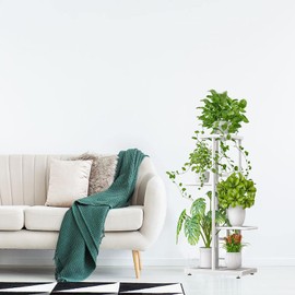 LINZINAR Plant Stand 4 Tier 5 Potted Planter Rack Storage Organizer Flower Pot Holder Shelves (4 Tier-5 Potted, White)