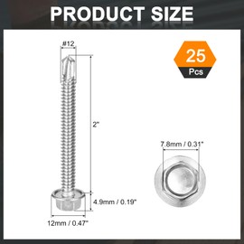QUARKZMAN Pack of 25 #12 x 2 Inch Self Drilling Screws, 410 Stainless Steel Self Tapping Screws for Metal, Hex Washer Head Sheet Metal