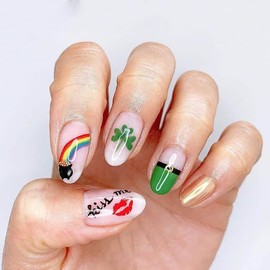 St. Patrick's Day Press On Nails Short Square Shamrocks Rainbow Fake Nails Green Lucky Clover Nail Art Supplies Glue on Nails Acrylic False Nails for Women Girls 24pcs