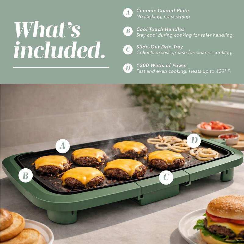COOK WITH COLOR Electric Griddle 1200W, Nonstick Surface for Pancakes,