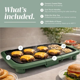 COOK WITH COLOR Electric Griddle 1200W, Nonstick Surface for Pancakes, Burgers, Eggs & More, Removable Temperature Control, Slide-Out Drip Tray, 10" x 16" Cooking Area, Dark Sage