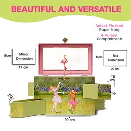 Enchantmints Ballet Friends Musical Jewelry Box for Girls Spins to Swan Lake 4 Pullout Drawers Dog & Ballerina Treasure Storage