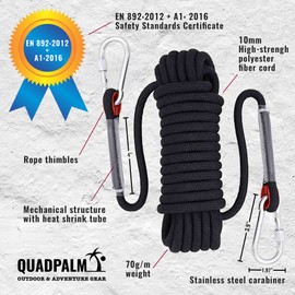 QUADPALM Grappling Hook and Black Rope 10M (32ft) - Multifunctional Heavy Duty Survival Hook - 2 Locking carabiners - 4 Stainless Steel Folding Claws - Survival Gear - Outdoors Camping Hiking