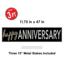 Beistle Durable Plastic Jumbo Happy Anniversary Yard Sign With Metal Stakes Outdoor Lawn Party Decorations, 11.75" x 47", Black/Gold/Silver