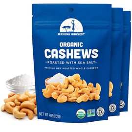 Mavuno Harvest Organic Roasted Cashews with Sea Salt | Dry Roasted Whole Cashew Nuts | Vegan, Non GMO Healthy Snacks for Kids and Adults | Office Friendly Work Snack | 4 Ounce, Pack of 3