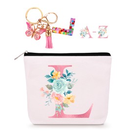 Bolsa de maquillaje personalizada con llavero inicial, bolsa de maquillaje personalizada con inicial de viaje, regalos de cumpleaños para mujeres, niñas, damas de honor, adolescentes, profesores, monograma pequeño bolsa de cosméticos, L, Impresión de let
