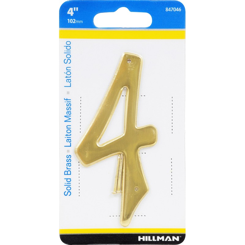 Hillman 847046 4-Inch Nail-On Traditional Solid Brass House Number 4,