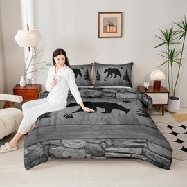 Manfei Rustic Bear Comforter Set Queen Size, Black Trees Deer Paw Print Down Comforter with 2 Pillowcases, Grey Wooden Plank Bedding Set 3pcs for Kids Boy Bedroom Decor Wild Animal Duvet Insert