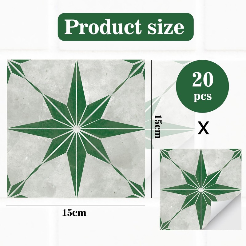 20 Pieces Tile Stickers, Classic Eight-Pointed Star Tile Stickers, Green