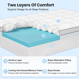 Easthome Queen Size Dual Layer 4 Inch Memory Foam Mattress Topper, 2 Inch Gel Memory Foam and 2 Inch Pillow Top Mattress Pad Cover, Thick Soft Bed Topper Medium Support for Back Pain, White