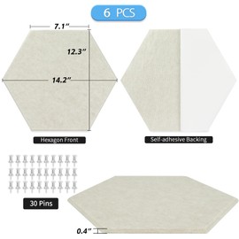 BXI Hexagon Felt Bulletin Board - 14.2 X 12.3 X 3/8 Inches 6 Pcs Self-Adhesive Poster Cork Board 30 Push Pins, Thick Pin Tiles Display Vision Board, Photo Picture Panels for Home Office Classroom