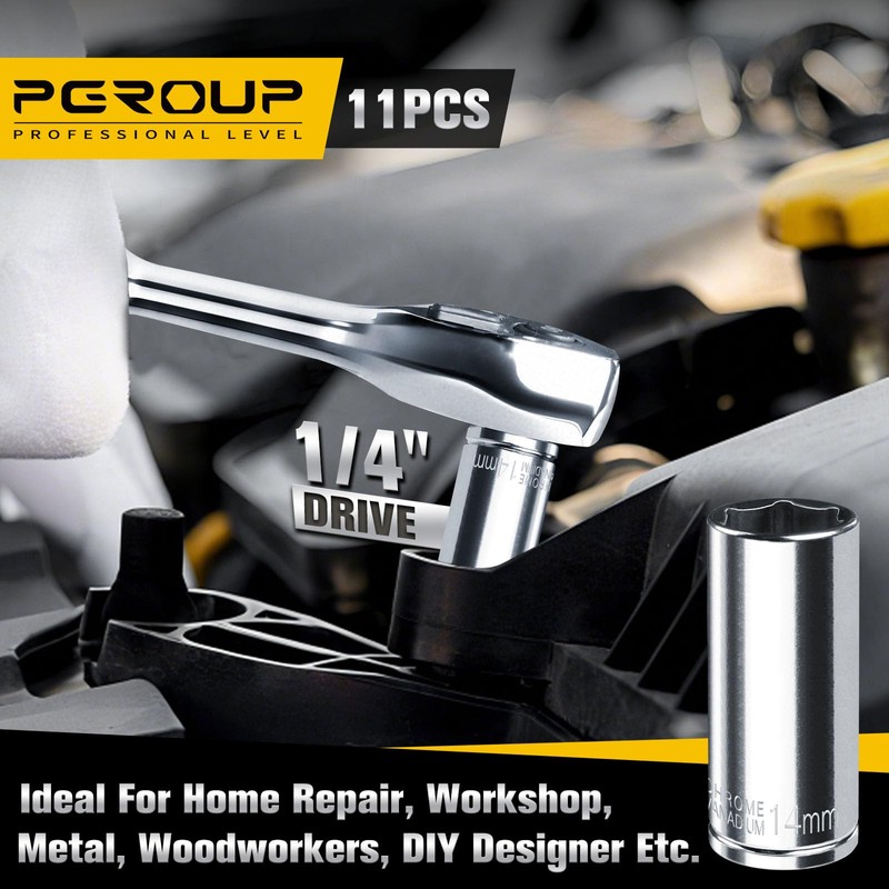 pgroup 1/4" Drive Deep Socket Set, 11PCS Metric Size Socket