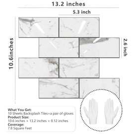 STICKGOO Subway Tile Peel and Stick Backsplash, Glossy White Marble PVC Self Adhesive Tile Backsplash, Stick on Tile for Kitchen and Bathroom(10 Sheets)