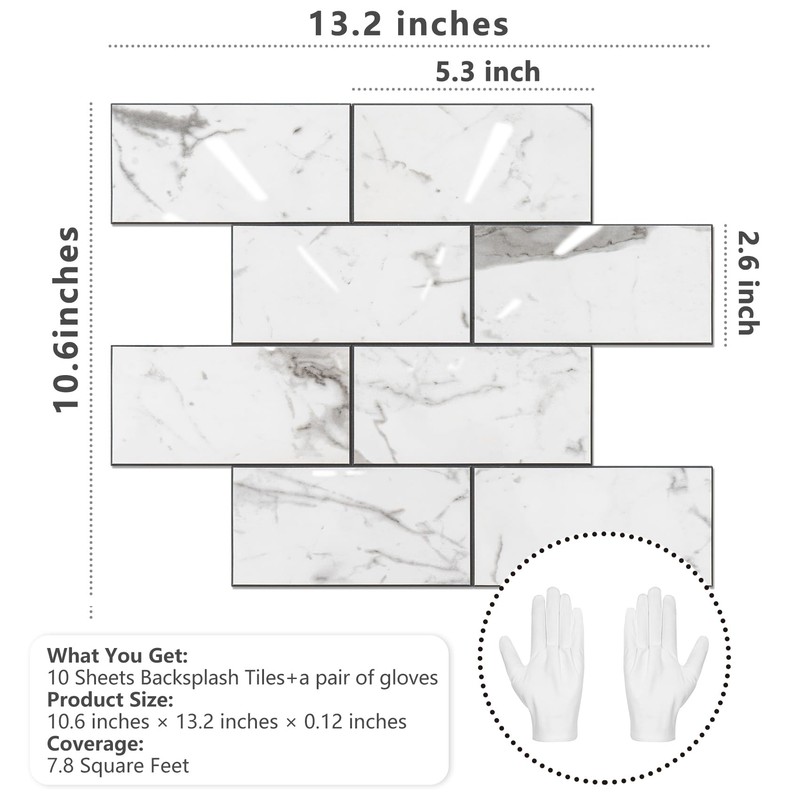 STICKGOO Subway Tile Peel and Stick Backsplash, Glossy White Marble