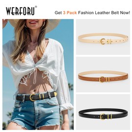 WERFORU 3 Pack Women's Leather Belts for Jeans Dresses Vintage Gold Buckle Ladies Waist Belts Black/Brown/Beige