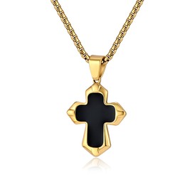 FATACI Cross Necklace for Men,Gold Plated Stainless Steel Hip Hop Black Enamel Cross Pendant with 60cm Chain