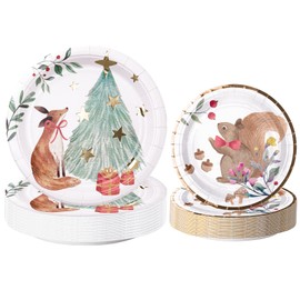 WRAPAHOLIC 50Pcs Christmas Paper Plates - 7 & 9 Inch Gold Foil Forest Animal Disposable Plates Decorative Dinner Dessert Plates for Christmas Party Tableware Supplies Table Decor